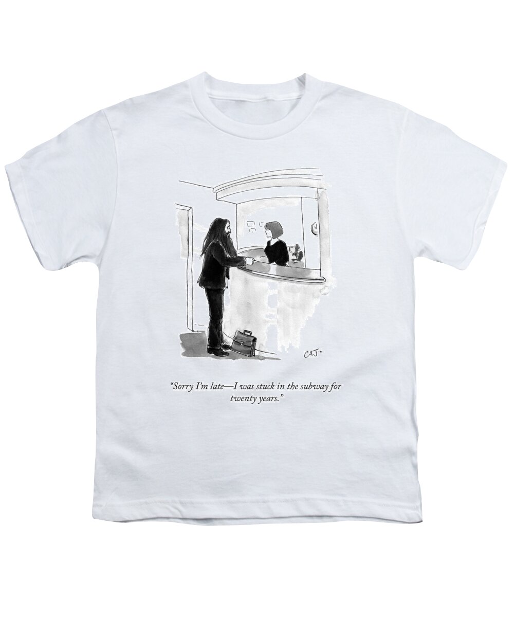 sorry I'm Latei Was Stuck In The Subway For Twenty Years. Youth T-Shirt featuring the drawing Stuck In The Subway by Carolita Johnson