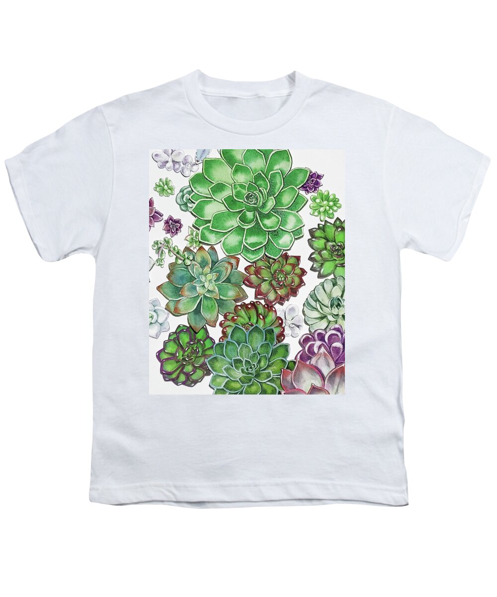 Succulent Youth T-Shirt featuring the painting Succulent Plants On White Wall Contemporary Garden Design IV by Irina Sztukowski