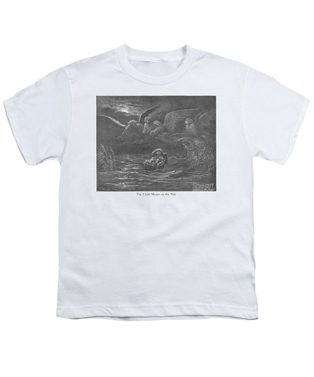 Child Youth T-Shirt featuring the drawing The Child Moses on the Nile by Gustave Dore v1 by Historic illustrations