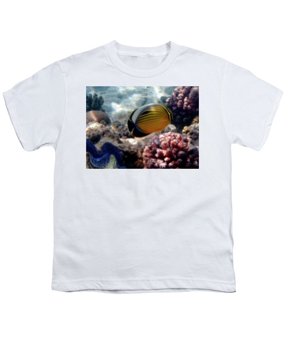 Nature Youth T-Shirt featuring the photograph The Exquisite Butterflyfish And The Giant Clam by Johanna Hurmerinta