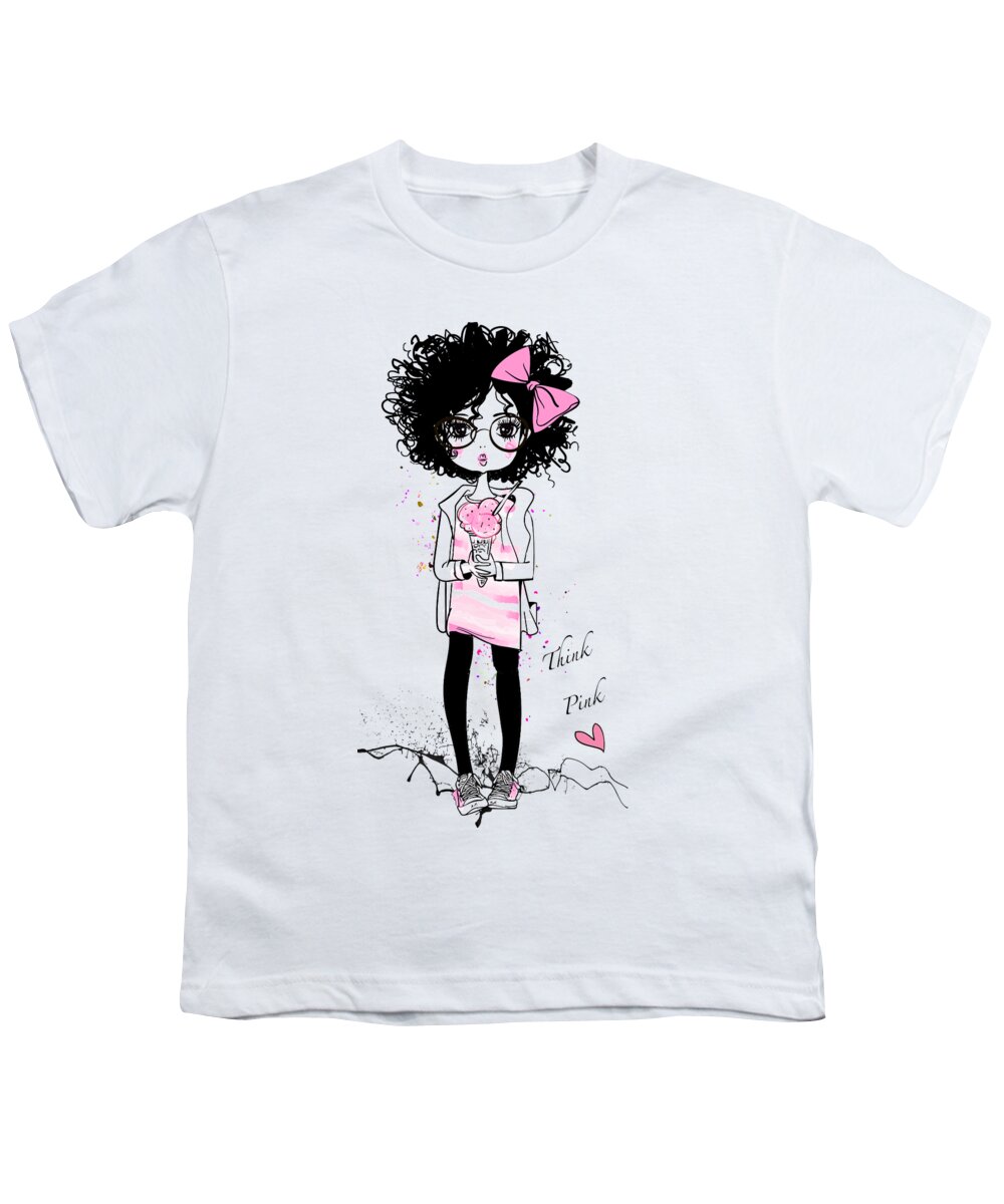 Girl Youth T-Shirt featuring the painting Think Pink by Miki De Goodaboom