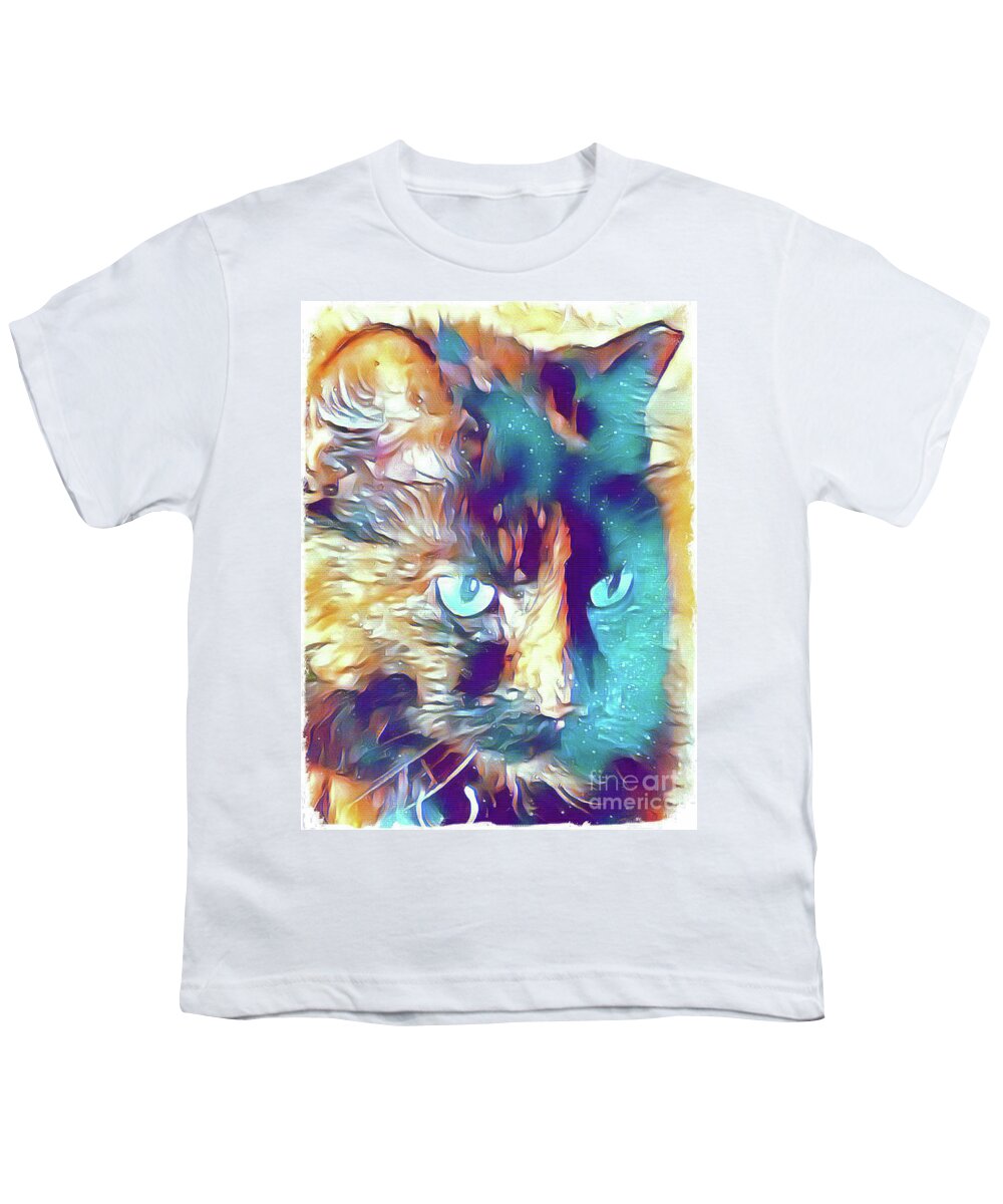 Cat; Kitten; Torti; Torti Cat; Tortoiseshell; Gold; Brown; Black; Teal; Cat Eyes; Kitten Eyes; Close-up; Photography; Painting; Profile; Youth T-Shirt featuring the photograph Torti in Teal by Tina Uihlein