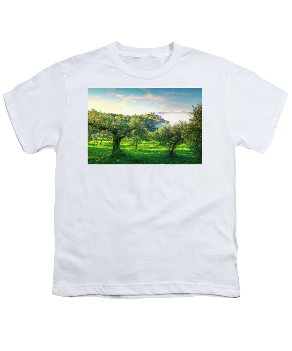 Trevi Youth T-Shirt featuring the photograph Trevi village and olive trees in a foggy morning. Umbria, Italy by Stefano Orazzini