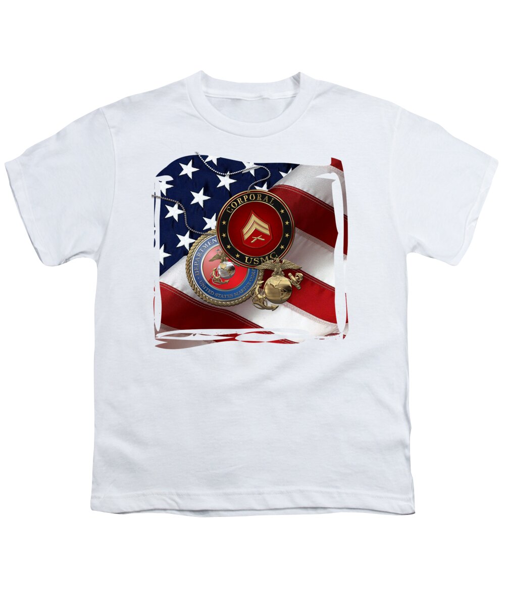 Military Insignia & Heraldry Collection By Serge Averbukh Youth T-Shirt featuring the digital art U.S. Marine Corporal Rank Insignia with Seal and EGA over American Flag by Serge Averbukh