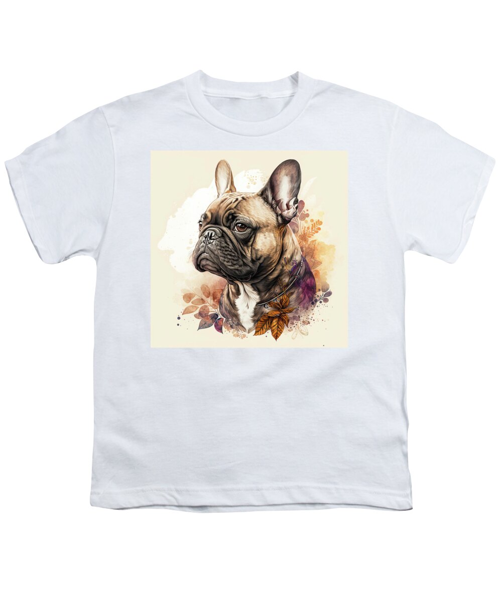 Bulldog Youth T-Shirt featuring the digital art Watercolor Animal 24 French Bulldog Portrait by Matthias Hauser
