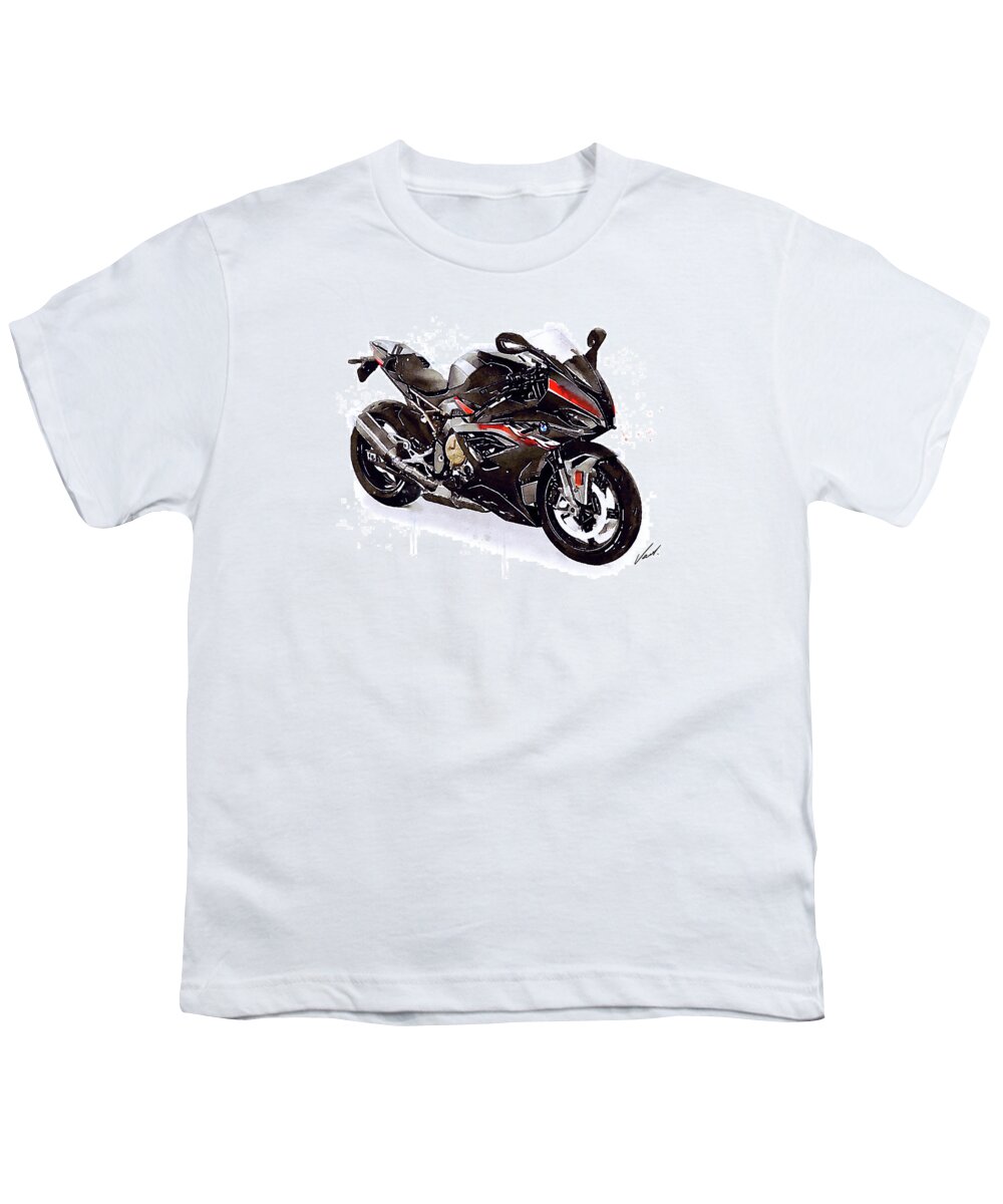 Sport Youth T-Shirt featuring the painting Watercolor Motorcycle BMW S1000RR black 2022 - original artwork by Vart. by Vart Studio