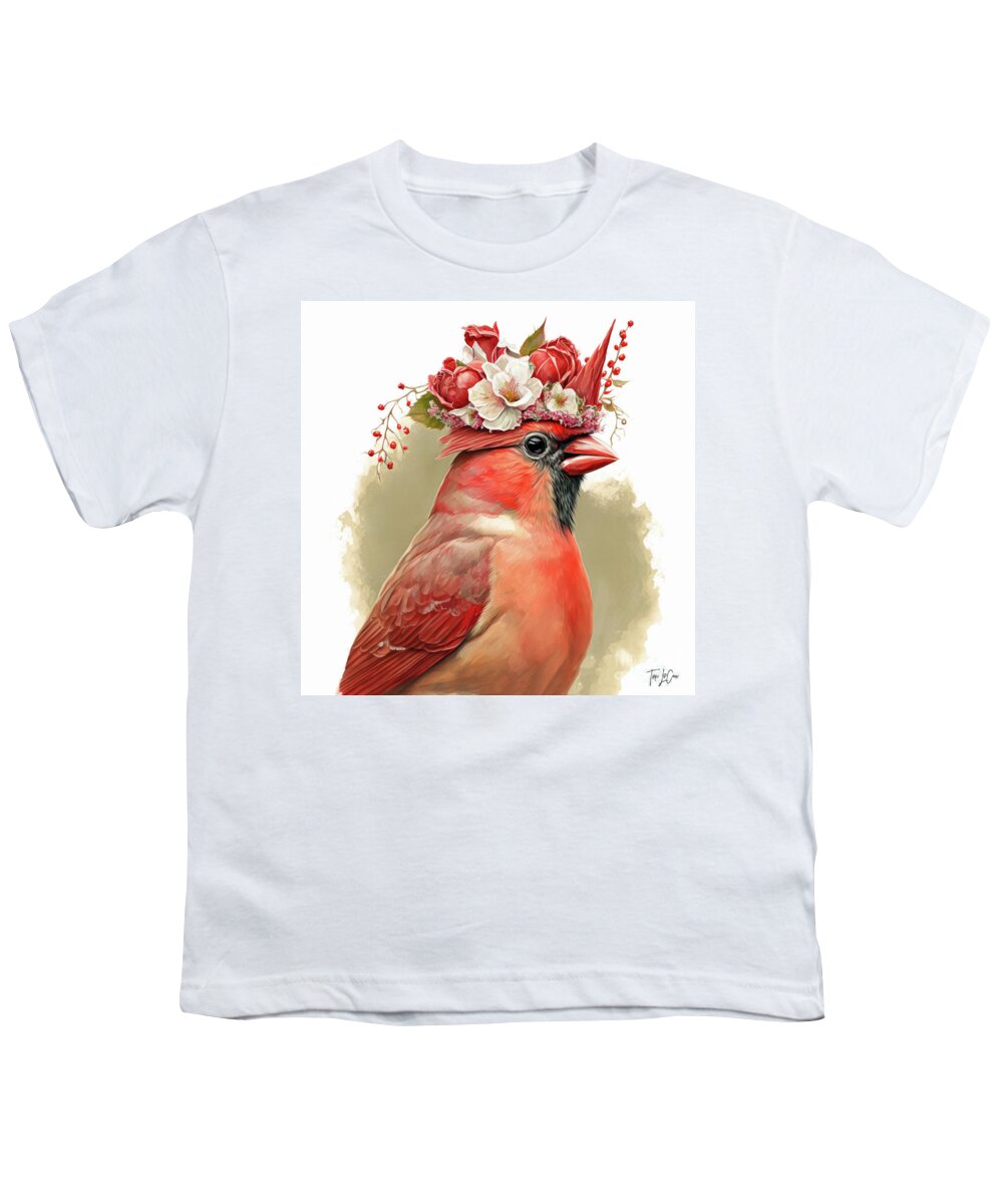 Northern Cardinal Youth T-Shirt featuring the painting Wearing Her Red Rose Crown by Tina LeCour