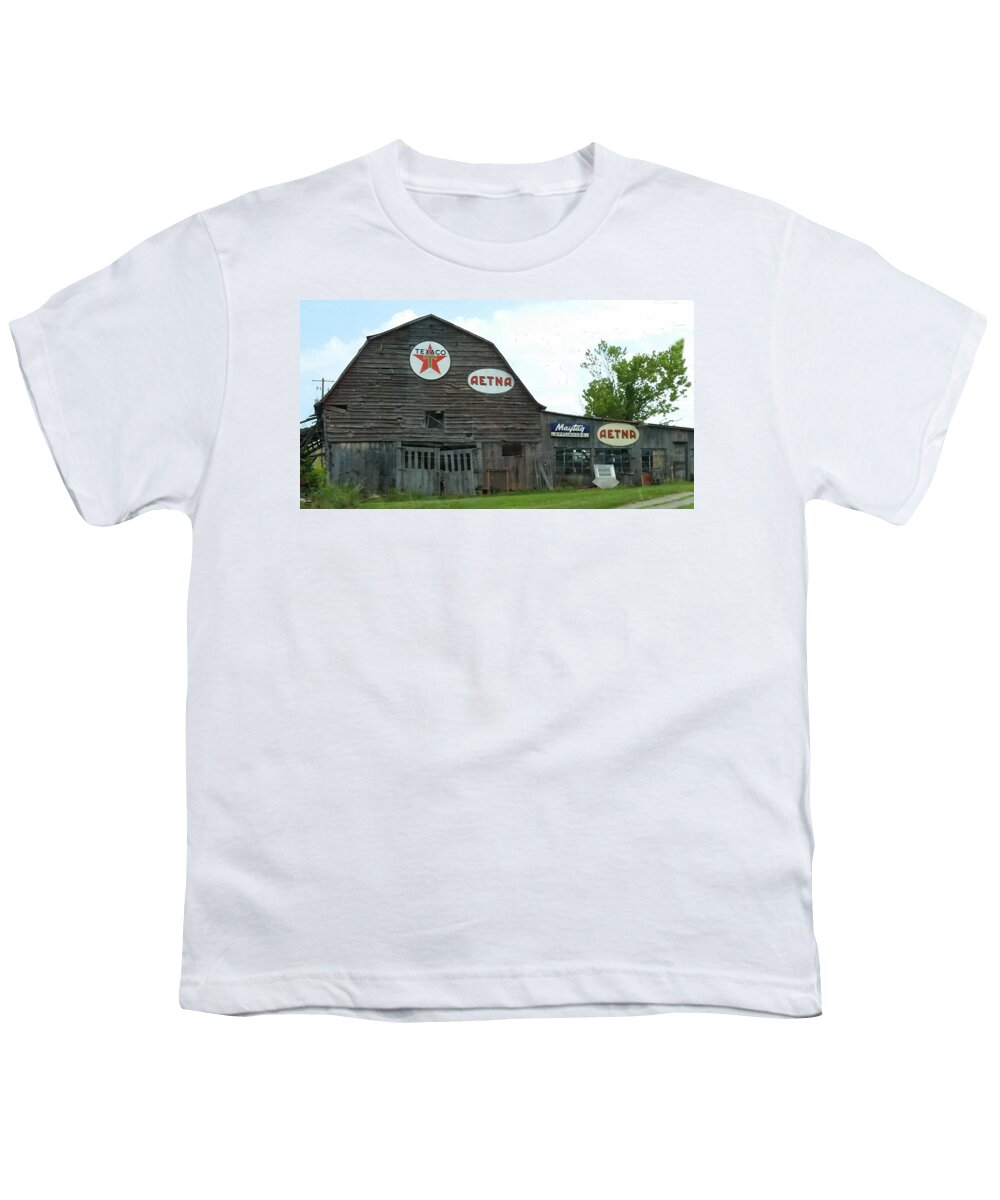 Old Youth T-Shirt featuring the photograph Weathered Dilapidated Store or Barn with Vintage Signage by Ali Baucom