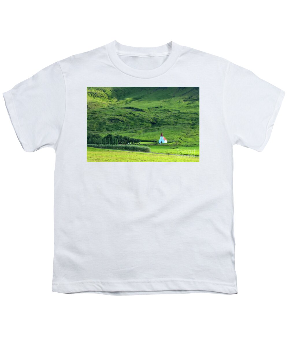 Iceland Youth T-Shirt featuring the photograph White church in the mountains, Iceland by Delphimages Photo Creations