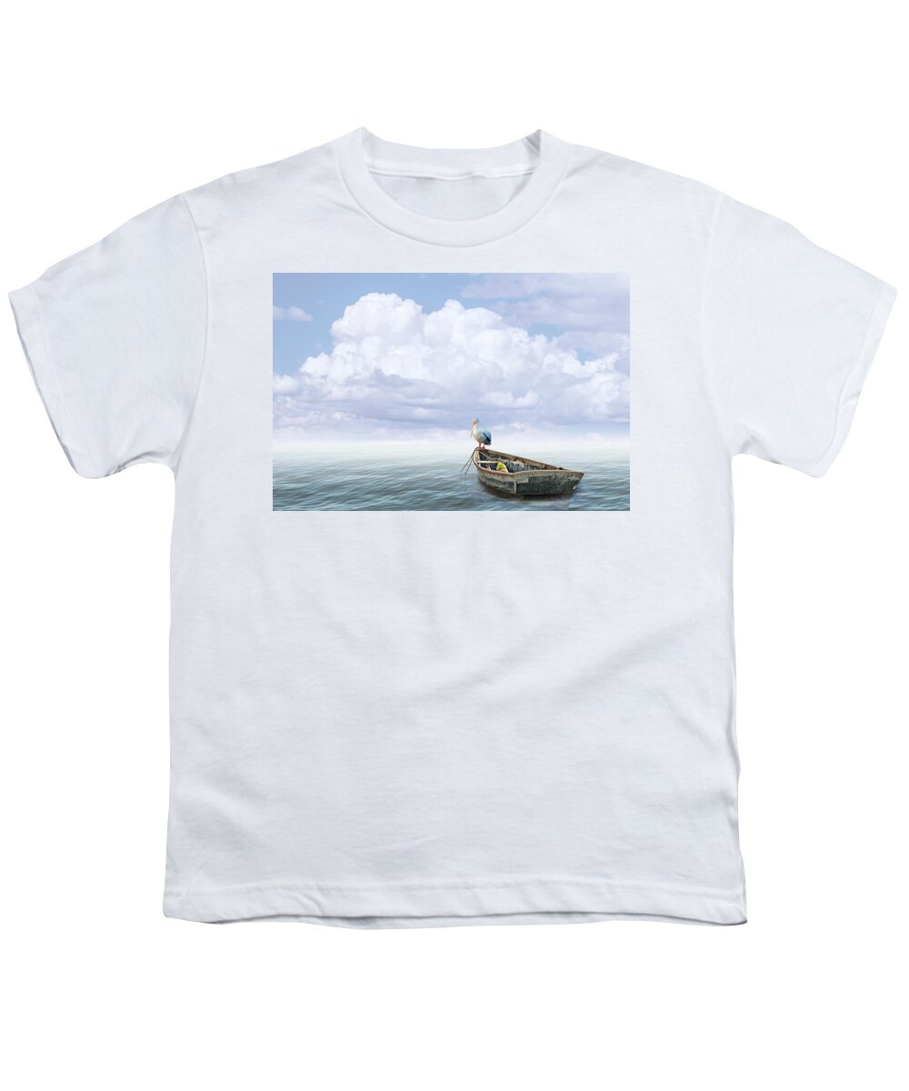 Skiff Youth T-Shirt featuring the photograph White Pelican Perched on the Bow of a Boat Anchored on the Water by Randall Nyhof