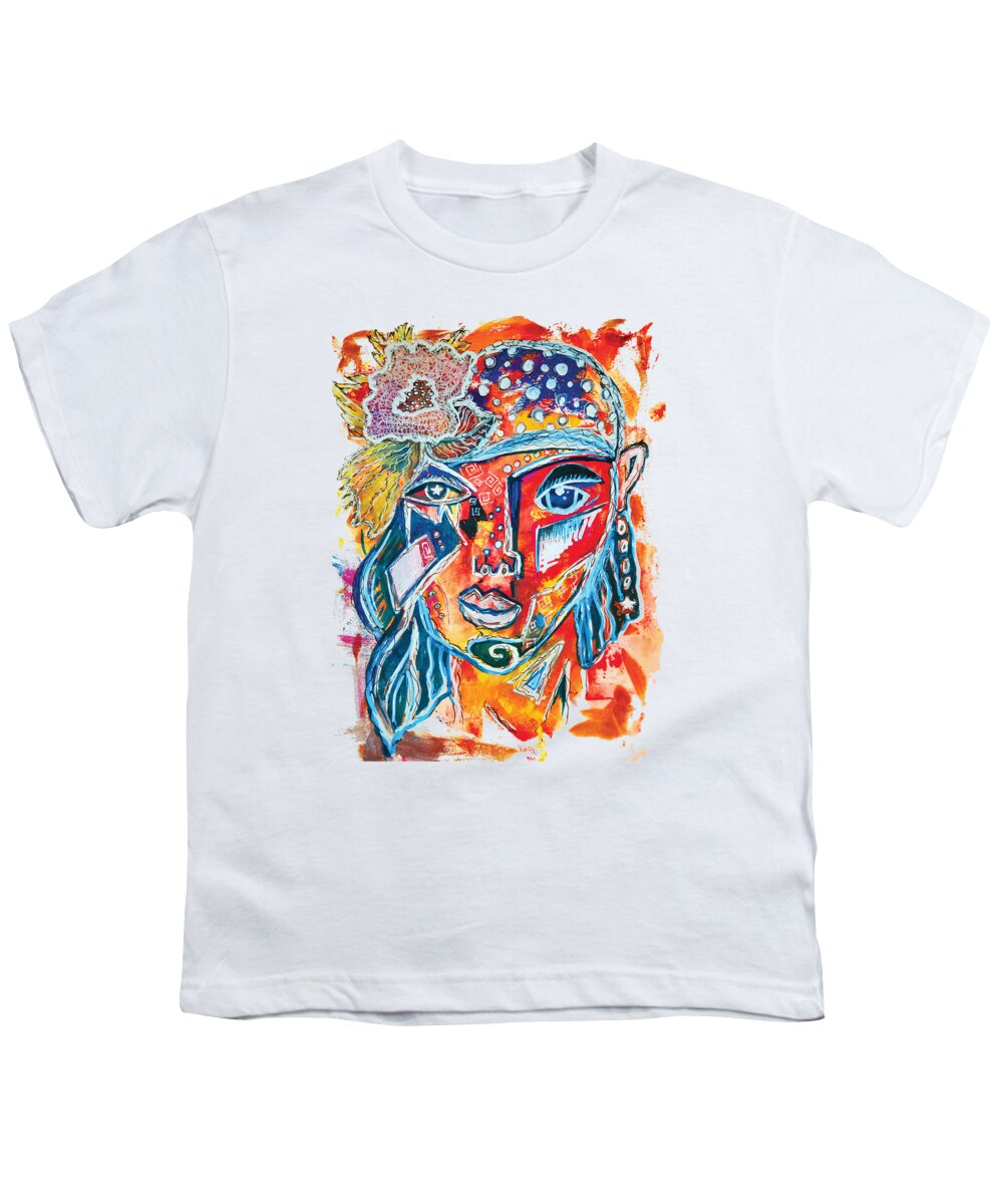 Cubism Youth T-Shirt featuring the painting Women Cubism Abstract Funny Funky Face Red Blue Polka Dot Bright Painting by Joanne Herrmann