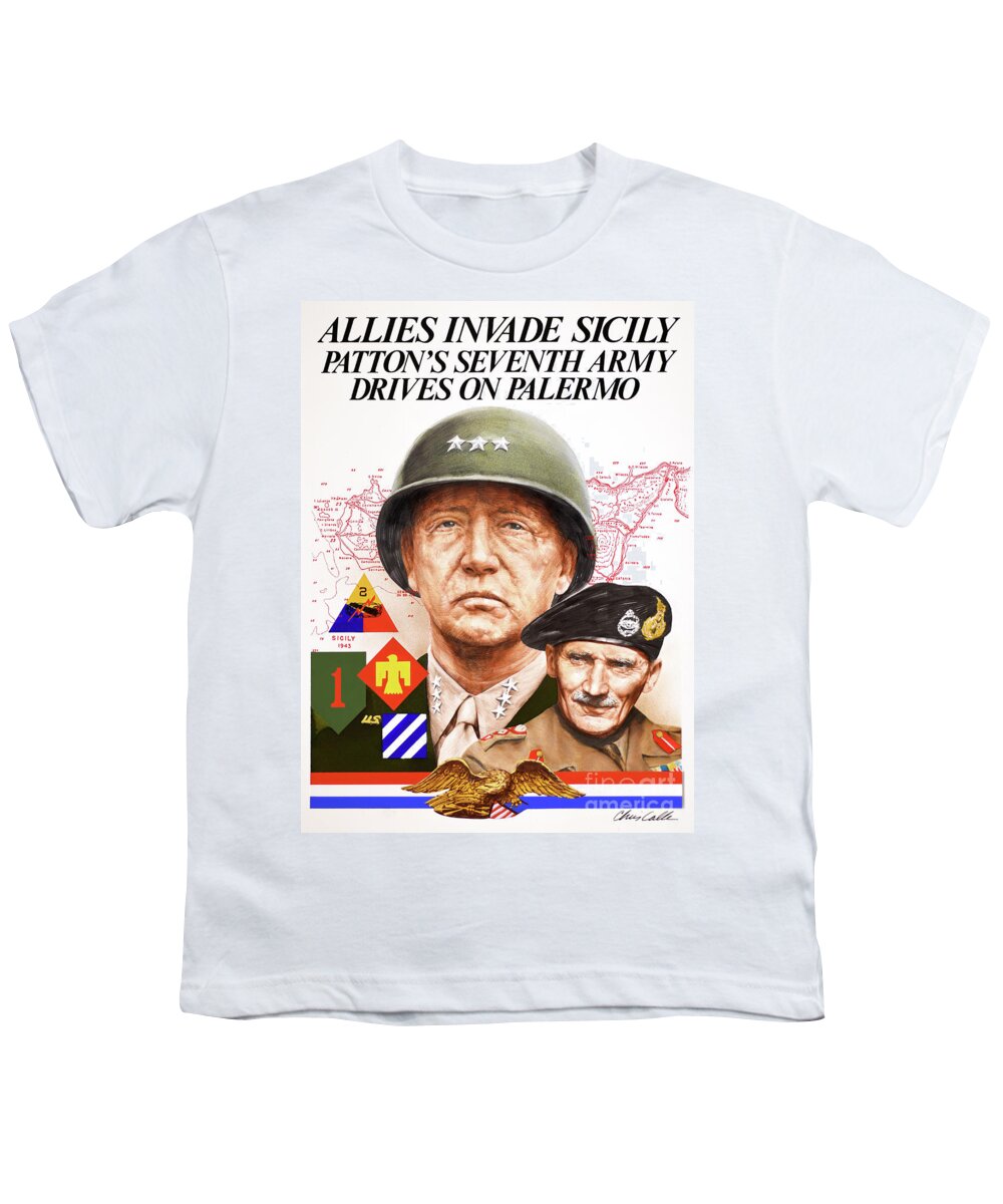 Chris Calle Youth T-Shirt featuring the painting World War II - Allies Invade Silicy - Patton And Montgomery by Chris Calle