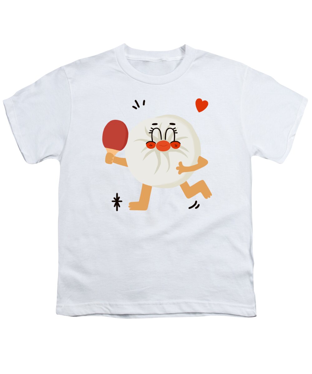 Steamed Stuffed Bun Youth T-Shirt featuring the drawing Steamed stuffed bun loves table tennis by Min Fen Zhu