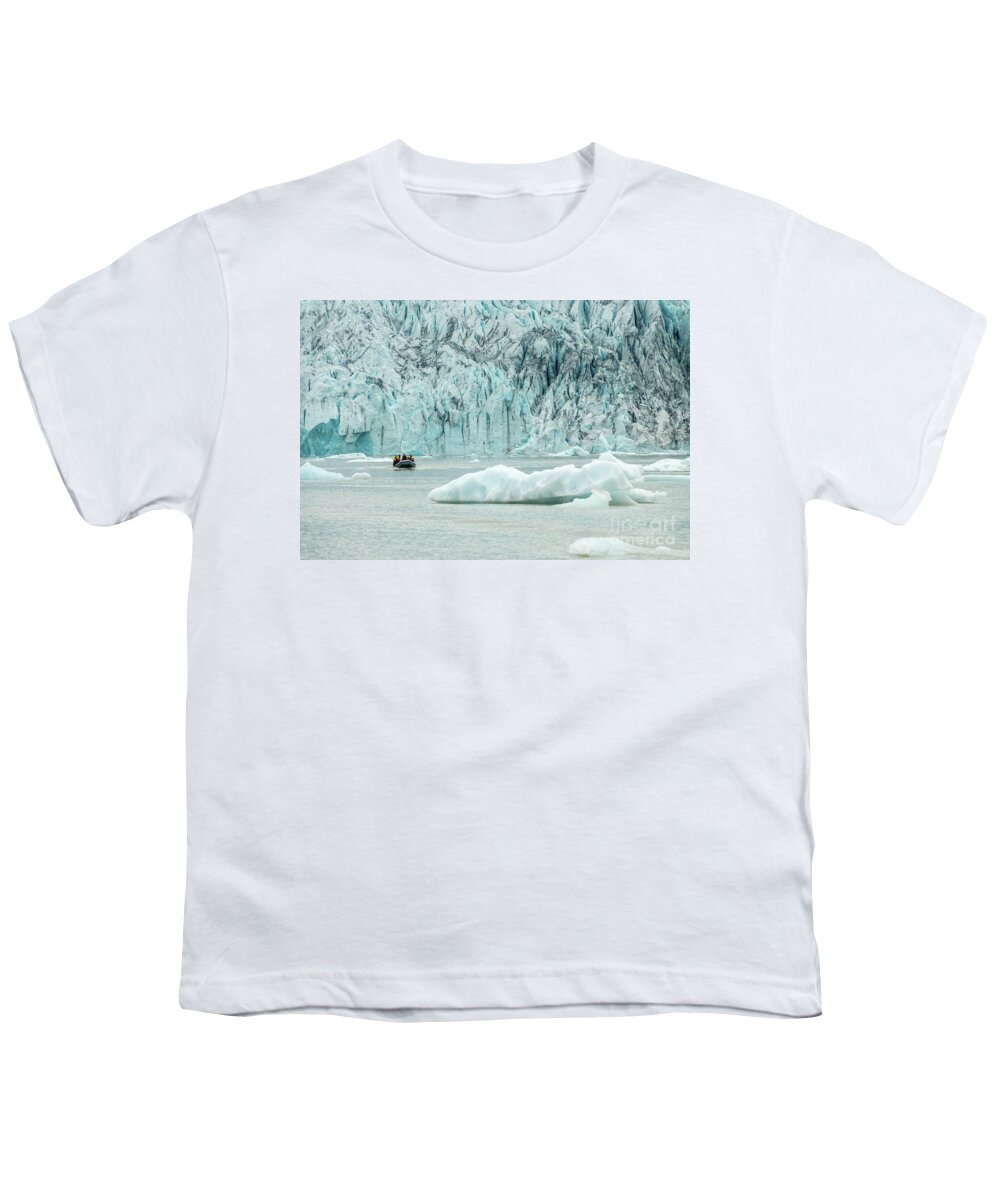 Iceland Youth T-Shirt featuring the photograph Zodiac boat in Fjallsarlon glacier lagoon, Iceland by Delphimages Photo Creations