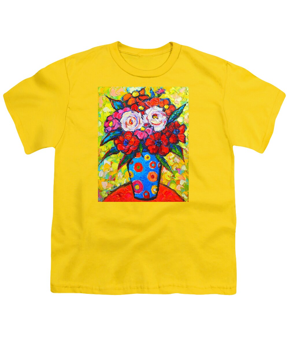 Roses Youth T-Shirt featuring the painting Colorful Wild Roses Bouquet - Original Impressionist Oil Painting by Ana Maria Edulescu
