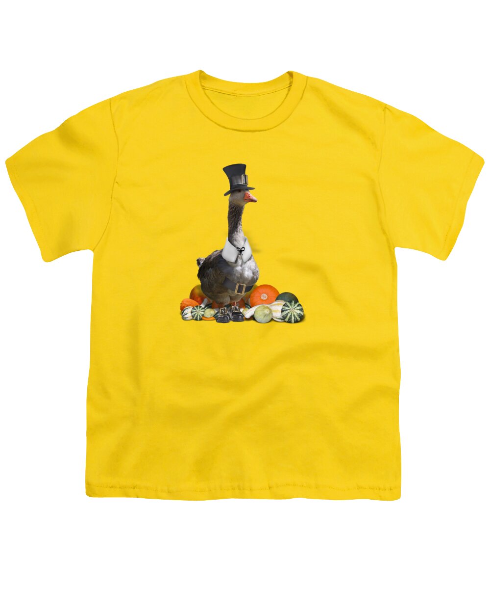 Thanksgiving Youth T-Shirt featuring the mixed media Pilgrim Goose by Gravityx9 Designs
