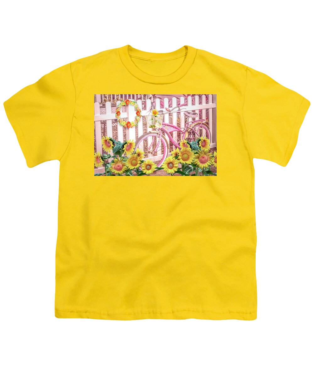 Fla Youth T-Shirt featuring the photograph Bicycle at the Sunflower Fence by Debra and Dave Vanderlaan
