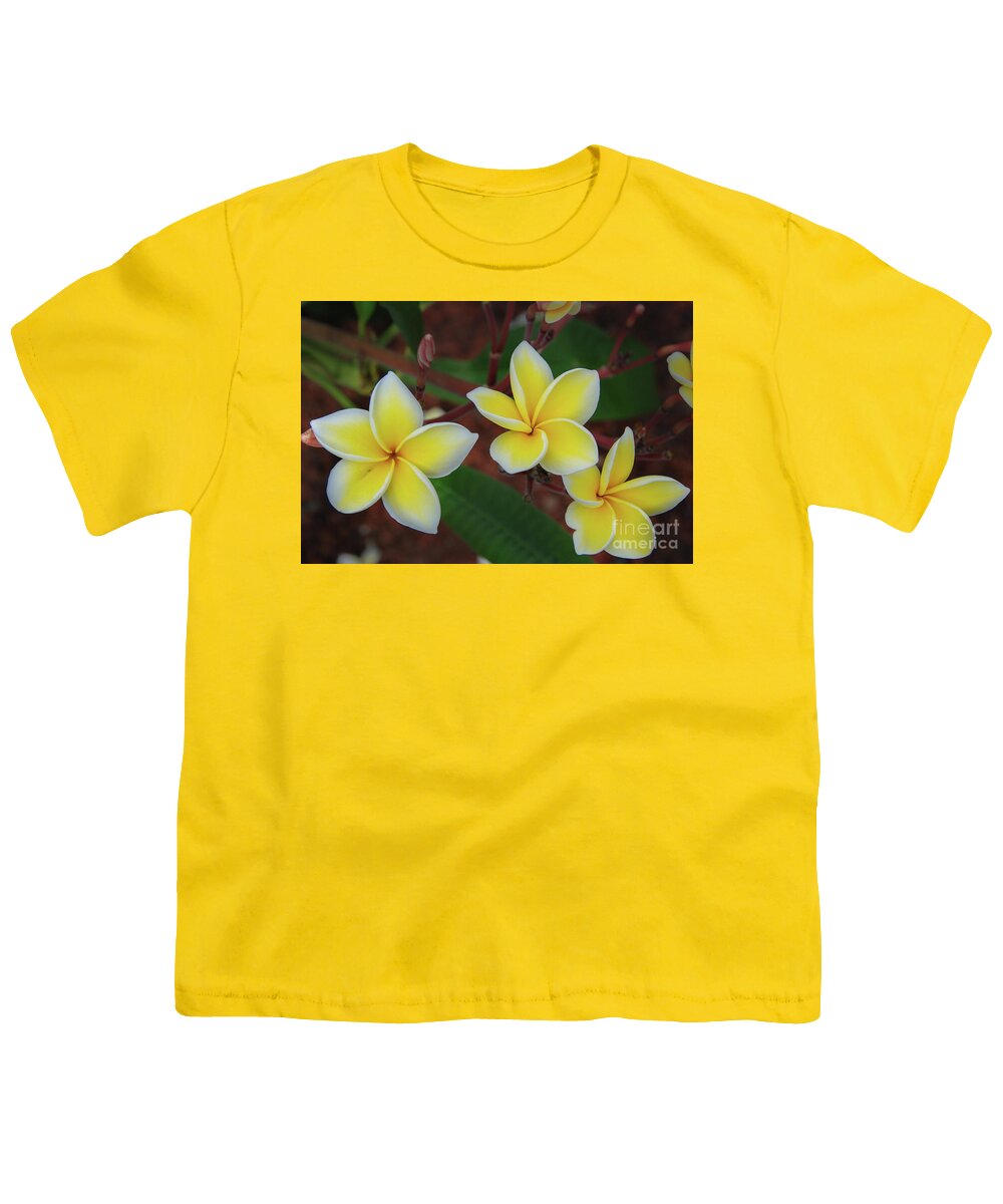 Big Island Youth T-Shirt featuring the photograph Plumeria Blossom Trio by Nancy Gleason