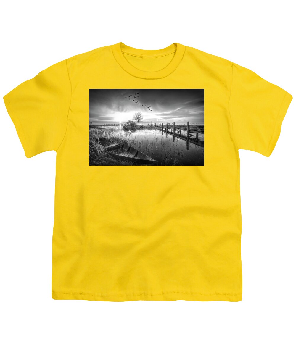 Birds Youth T-Shirt featuring the photograph Rowboat in the Marsh at Sunset in Black and White by Debra and Dave Vanderlaan