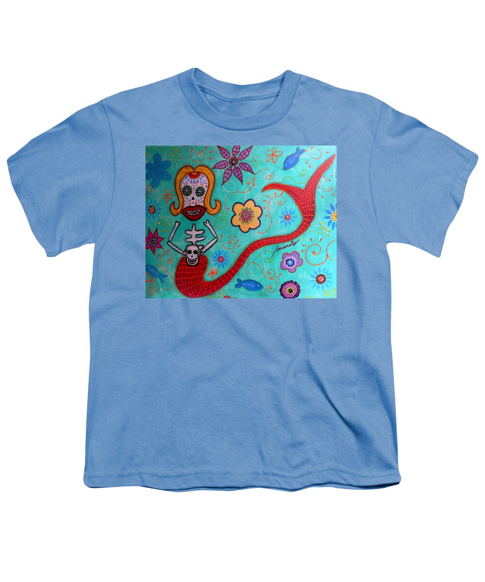 Mermaid Youth T-Shirt featuring the painting Day Of The Dead Mermaid #2 by Pristine Cartera Turkus