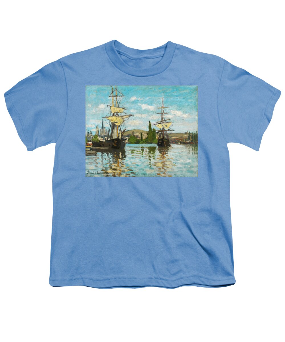 Claude Monet Youth T-Shirt featuring the painting Ships Riding On The Seine At Rouen #3 by Claude Monet