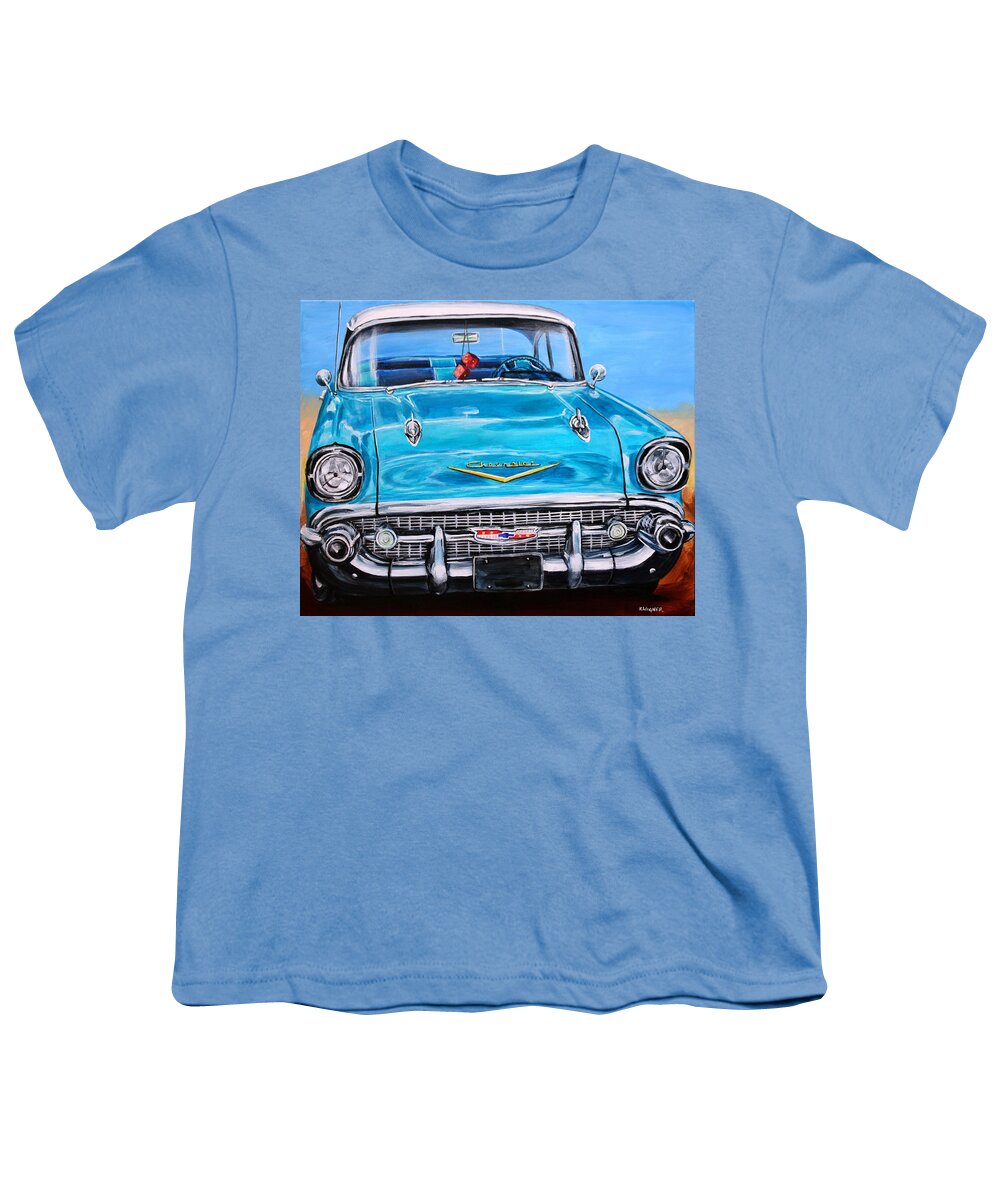 Chevy Youth T-Shirt featuring the painting '57 Chevy Front End by Karl Wagner