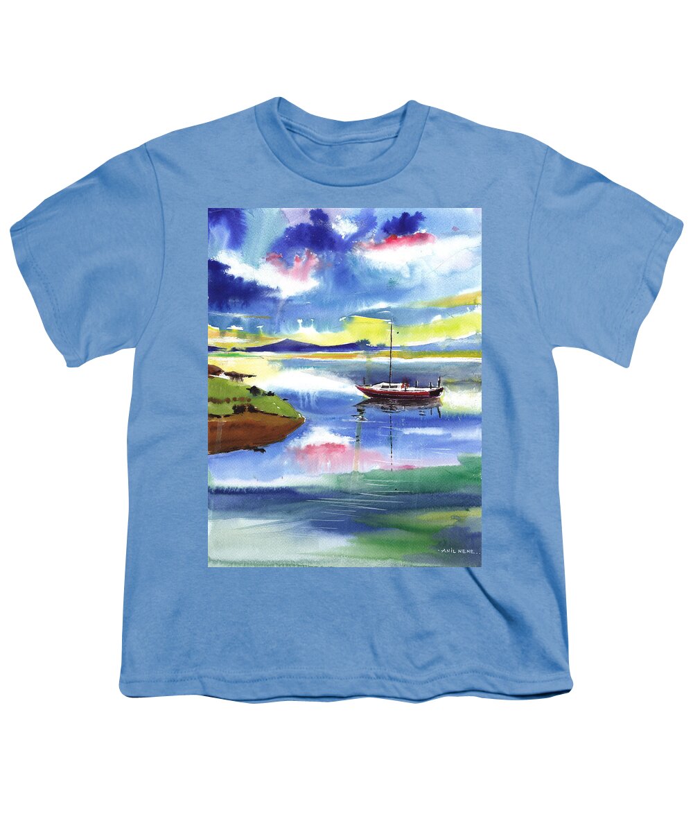 Nature Youth T-Shirt featuring the painting Boat n Colors by Anil Nene