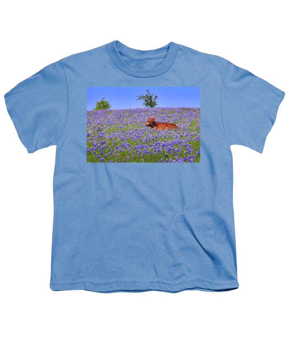 Texas Bluebonnets Youth T-Shirt featuring the photograph Calf Nestled in Bluebonnets - Texas Wildflowers Landscape Cow by Jon Holiday