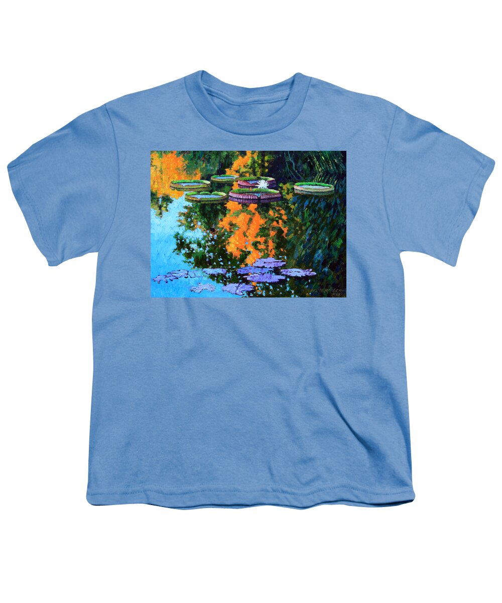 Garden Pond Youth T-Shirt featuring the painting First Signs of Fall by John Lautermilch