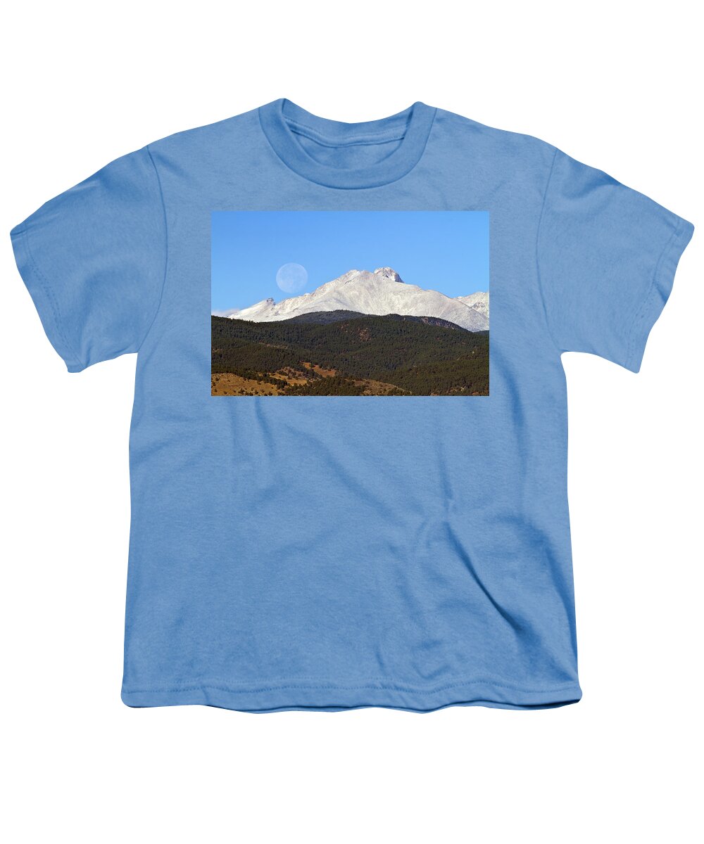 Colorado Youth T-Shirt featuring the photograph Full Moon Setting Over Snow Covered Twin Peaks by James BO Insogna