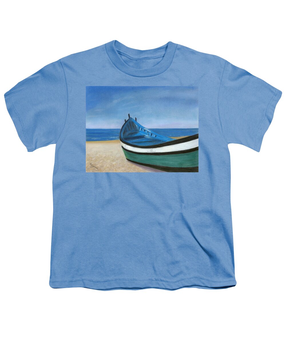 Boat Youth T-Shirt featuring the painting Green Boat Blue Skies by Arlene Crafton