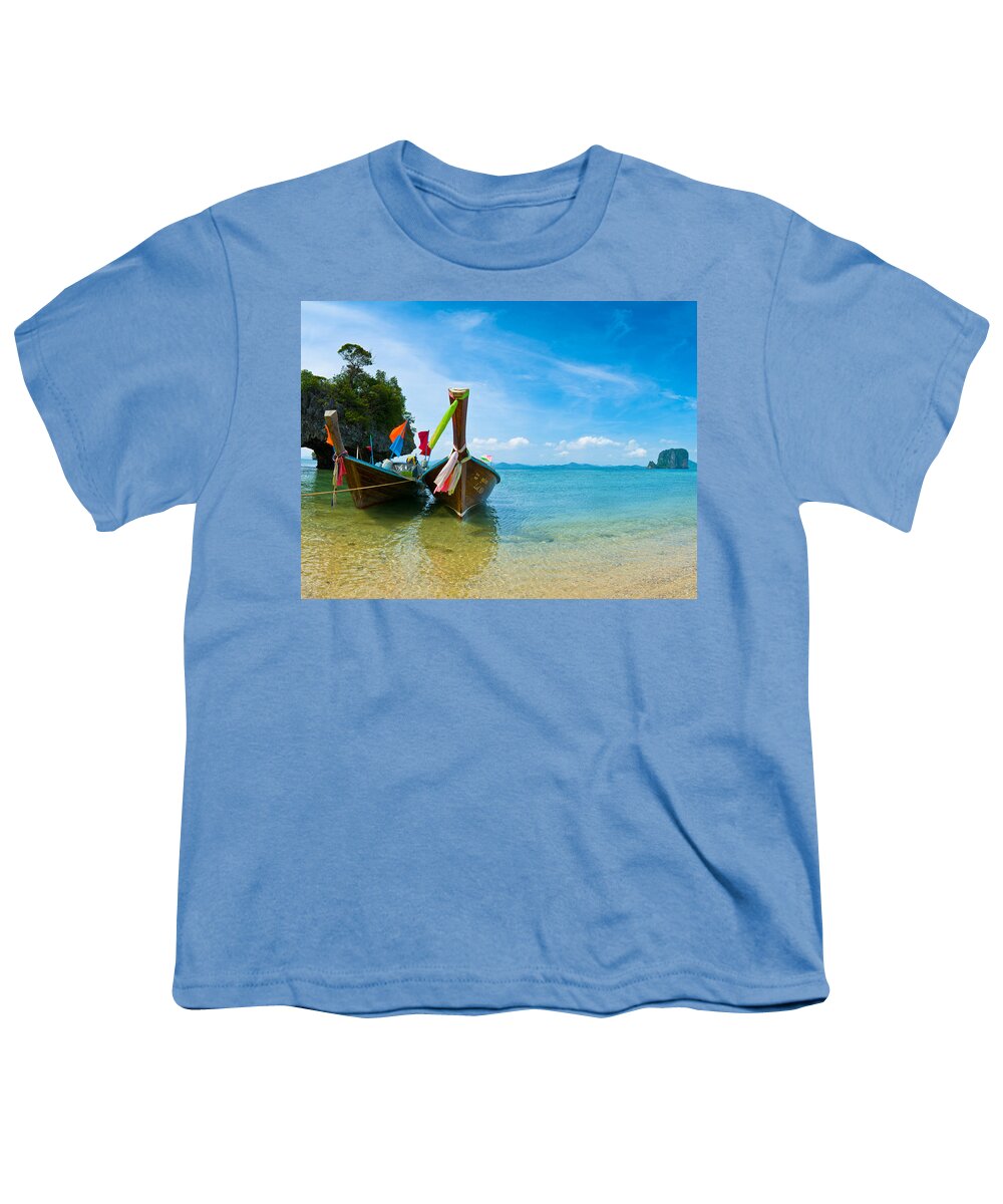 Andaman Youth T-Shirt featuring the photograph Long Tail Boats by U Schade