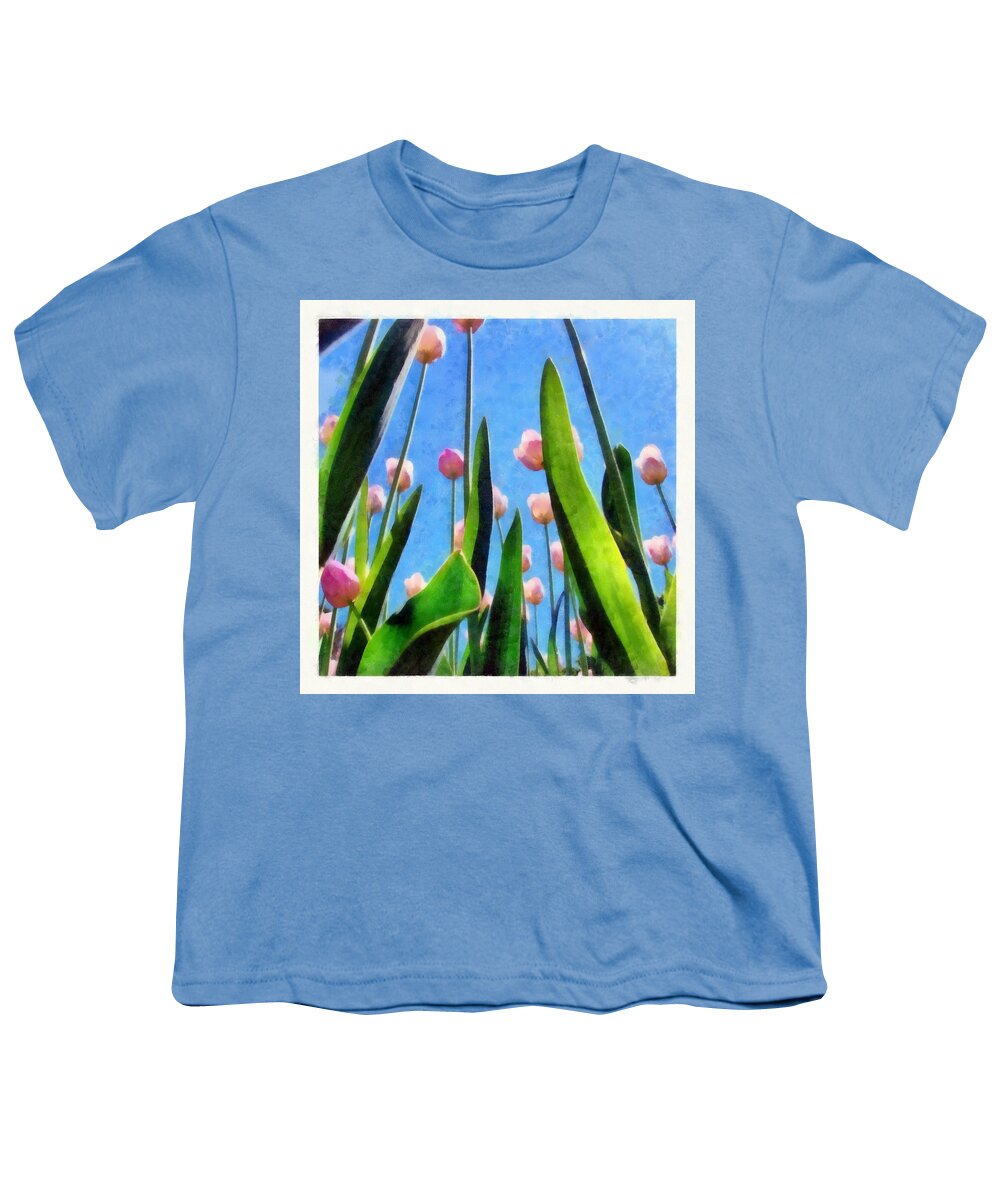 Hollander Youth T-Shirt featuring the photograph Pink Tulips from the Bottom Up by Michelle Calkins