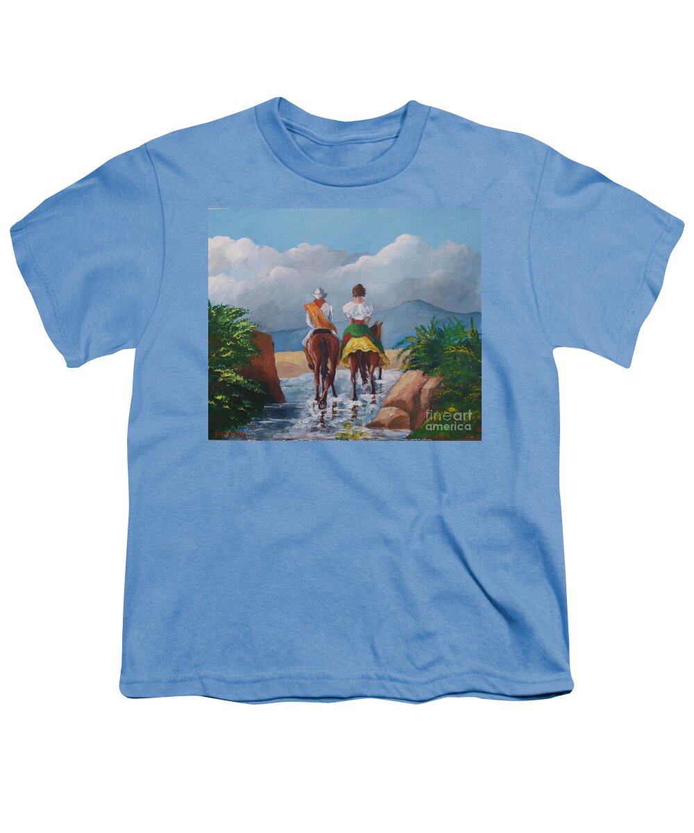 Sabanero Youth T-Shirt featuring the painting Sabanero and wife crossing a river by Jean Pierre Bergoeing