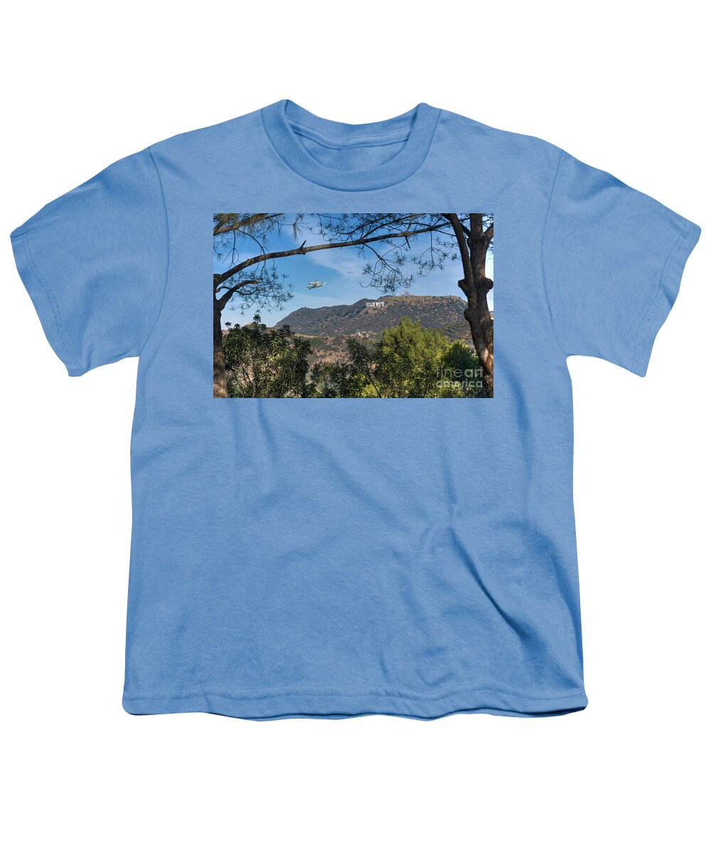 Space Shuttle Endeavour Over Los Angeles Ca Youth T-Shirt featuring the photograph Space shuttle Endeavour over Hollywood Sign by David Zanzinger