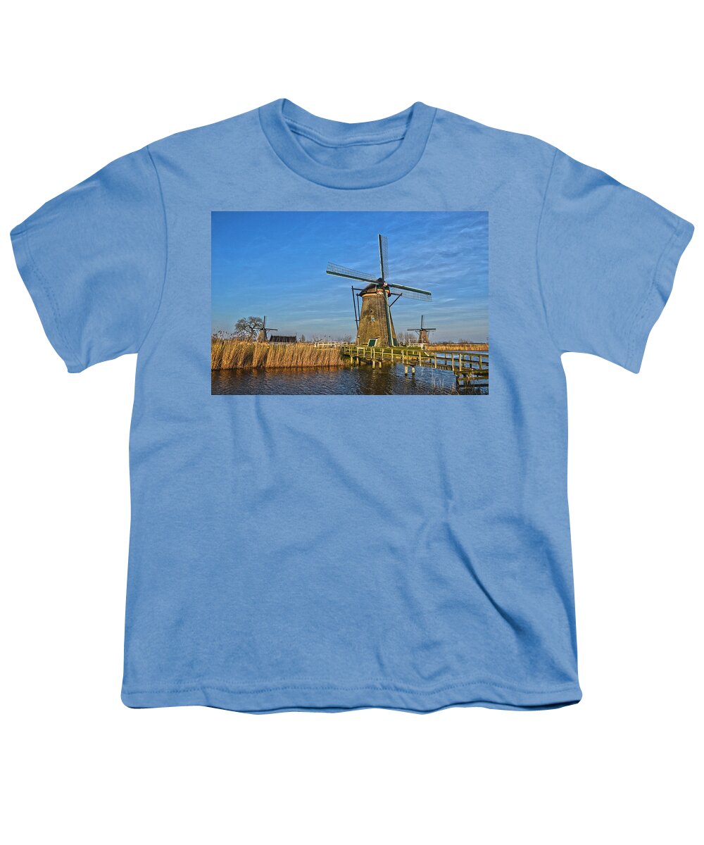 Windmills Youth T-Shirt featuring the photograph Windmills And Bridge Near Kinderdijk by Frans Blok