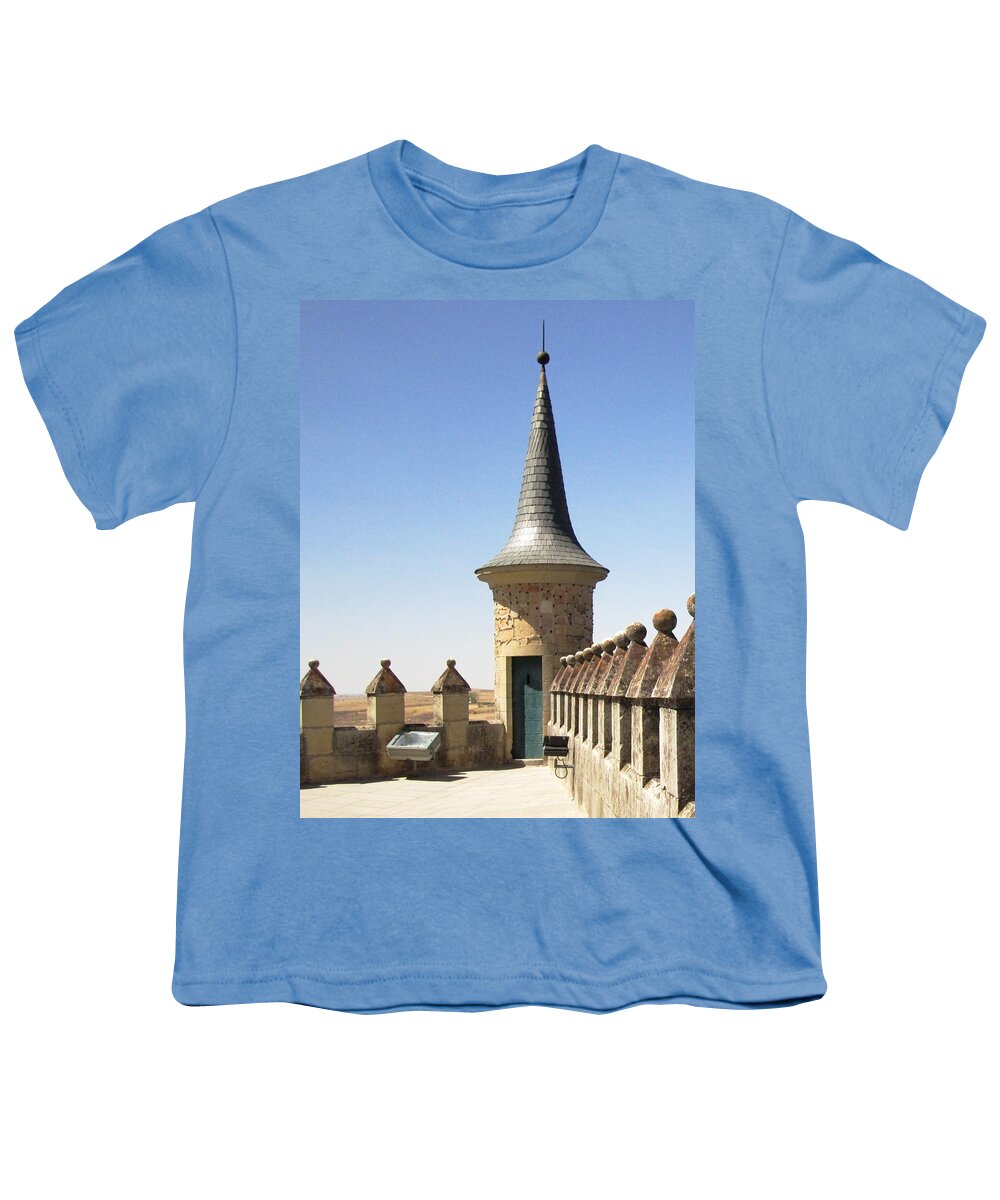 Segovia Youth T-Shirt featuring the photograph On the Roof of Segovia Castle with Cone Shaped Railing in Spain by John Shiron