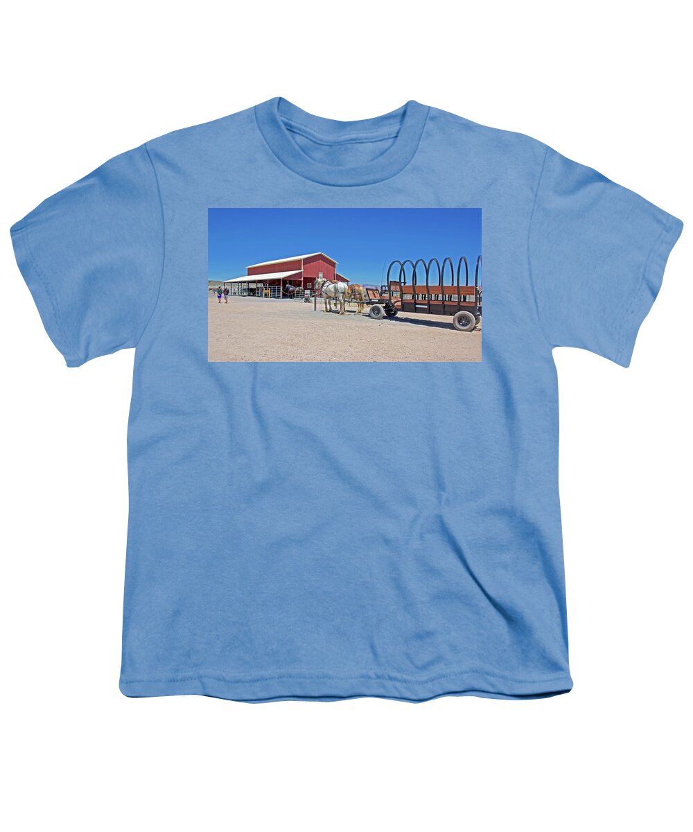Barn With Horses And Uncovered Wagon On Hualapai Ranch In Grand Canyon West Youth T-Shirt featuring the photograph Barn with Horses and Uncovered Wagon on Hualapai Ranch in Grand Canyon West, Arizona by Ruth Hager
