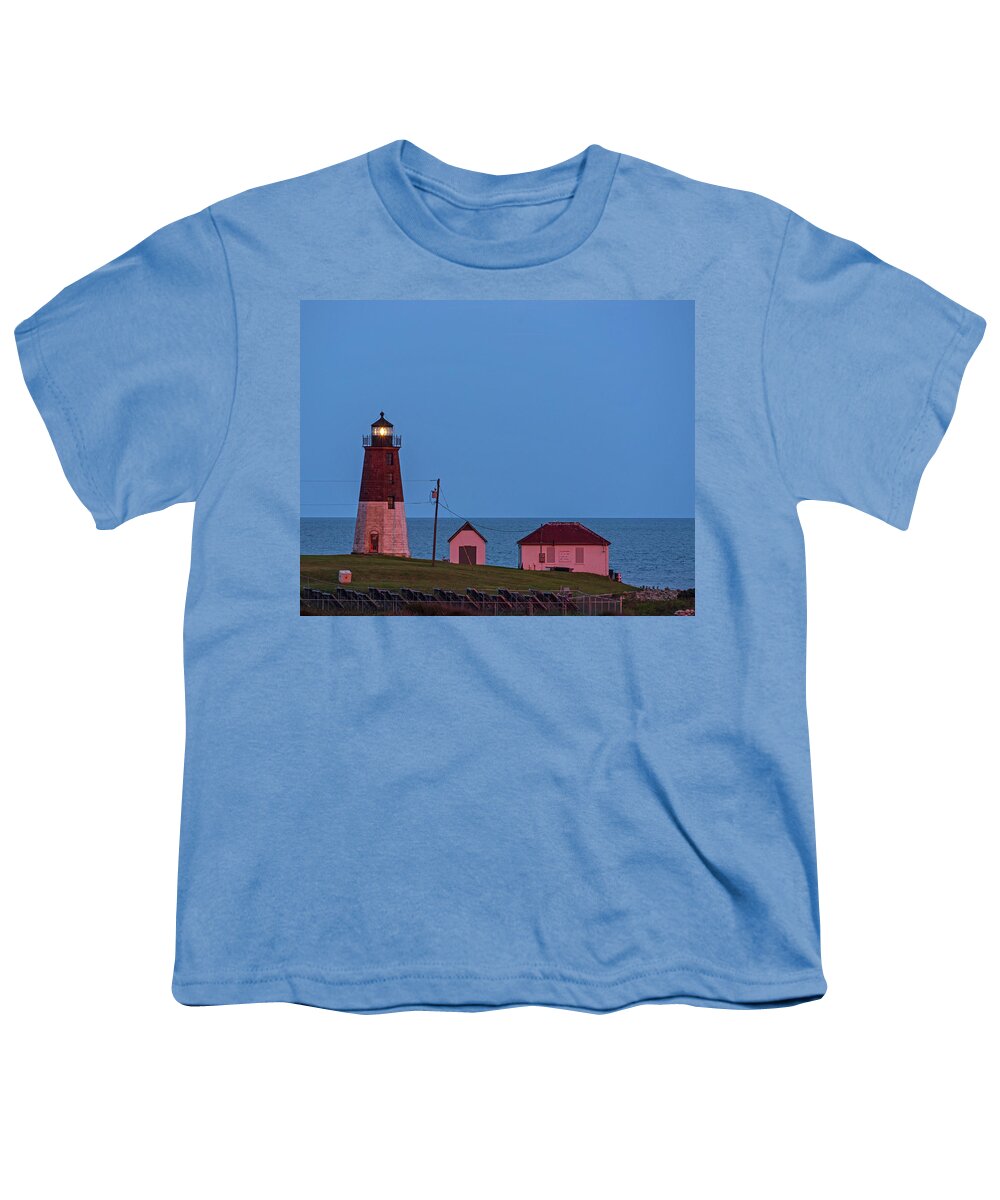 Judith Youth T-Shirt featuring the photograph Beacon in the Night Judith Point Lighthouse Narragansett Rhode Island RI Blue Hour by Toby McGuire