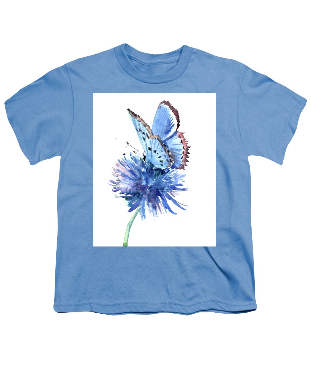 Butterfly Youth T-Shirt featuring the painting Blue Butterfly and Blue Flower by Suren Nersisyan