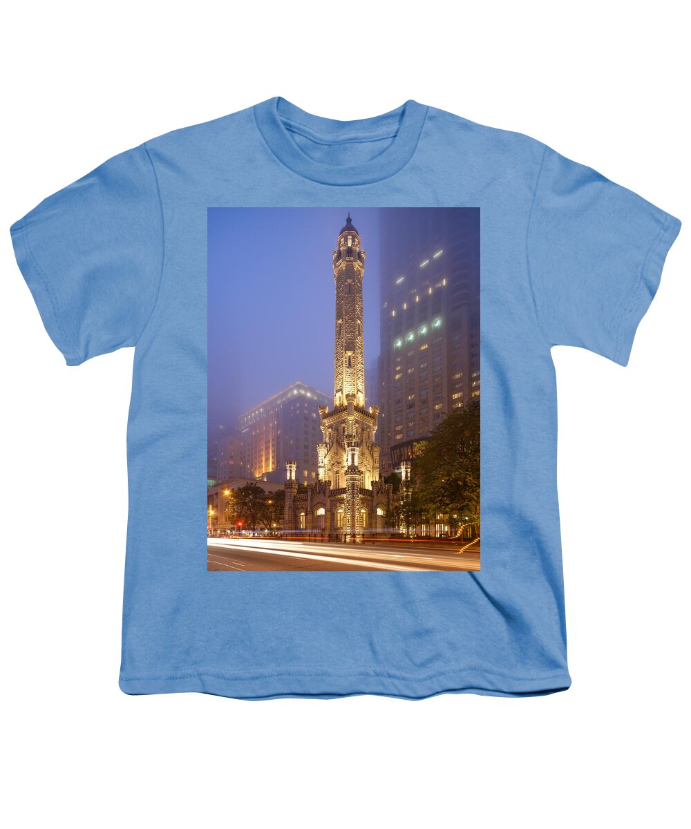 Windy Youth T-Shirt featuring the photograph Chicago Historic Water Tower On Michigan Avenue Foggy Twilight - Chicago Illinois by Silvio Ligutti