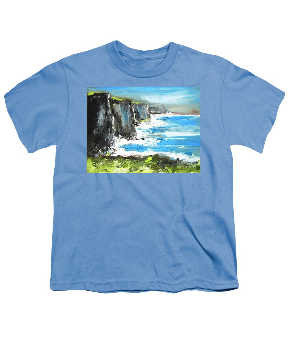 Cliffs Youth T-Shirt featuring the painting Painting of Cliffs of moher county clare ireland by Mary Cahalan Lee - aka PIXI