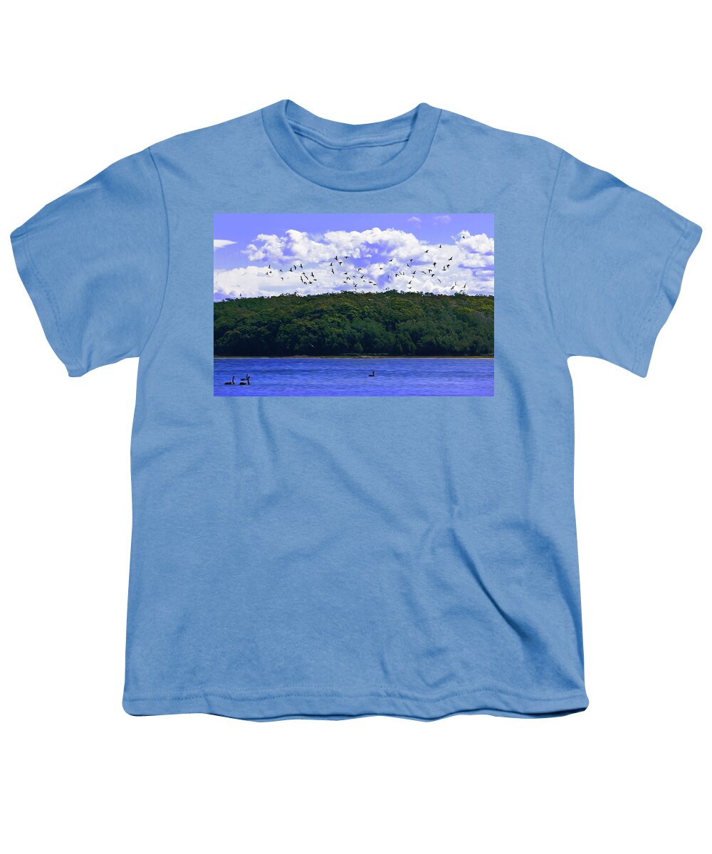 Duck Youth T-Shirt featuring the photograph Duck Flying Over The Lake by Miroslava Jurcik