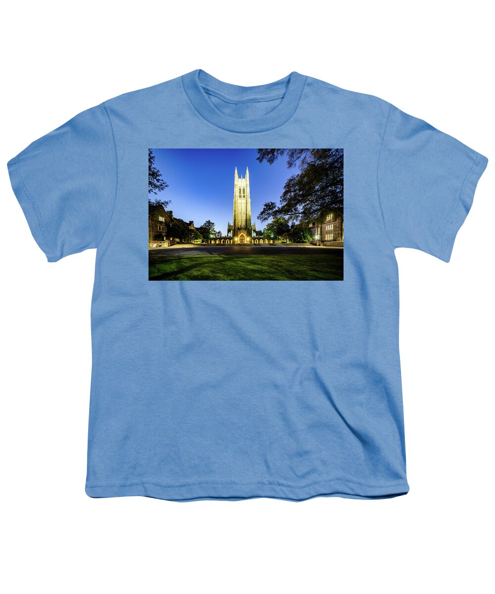Fall Youth T-Shirt featuring the photograph Duke Chapel Lit Up at the Blue Hour by Anthony Doudt