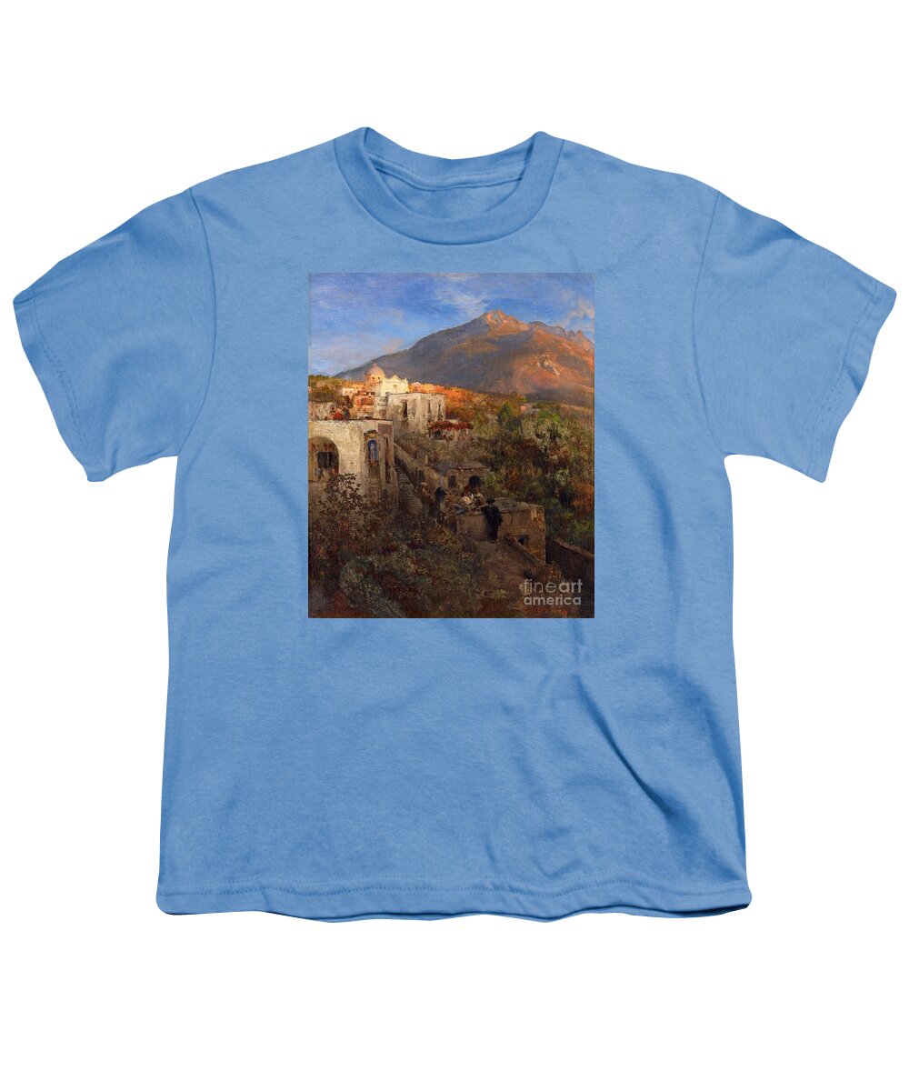 Oswald Achenbach Youth T-Shirt featuring the painting Evening In Ischia With View On The Monte Epomeo by MotionAge Designs