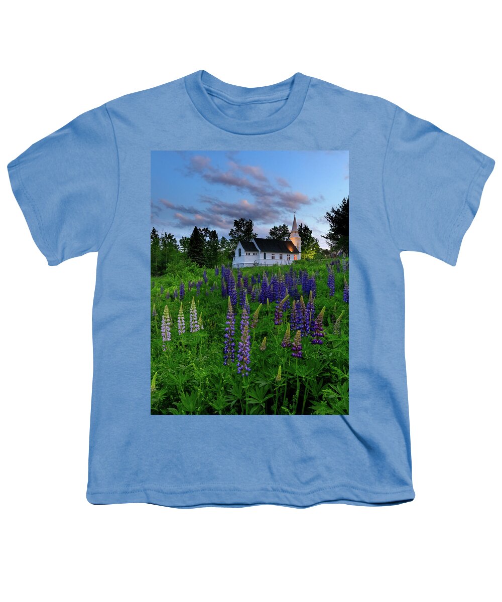 Lupines Youth T-Shirt featuring the photograph Lupines by the Church by Rob Davies