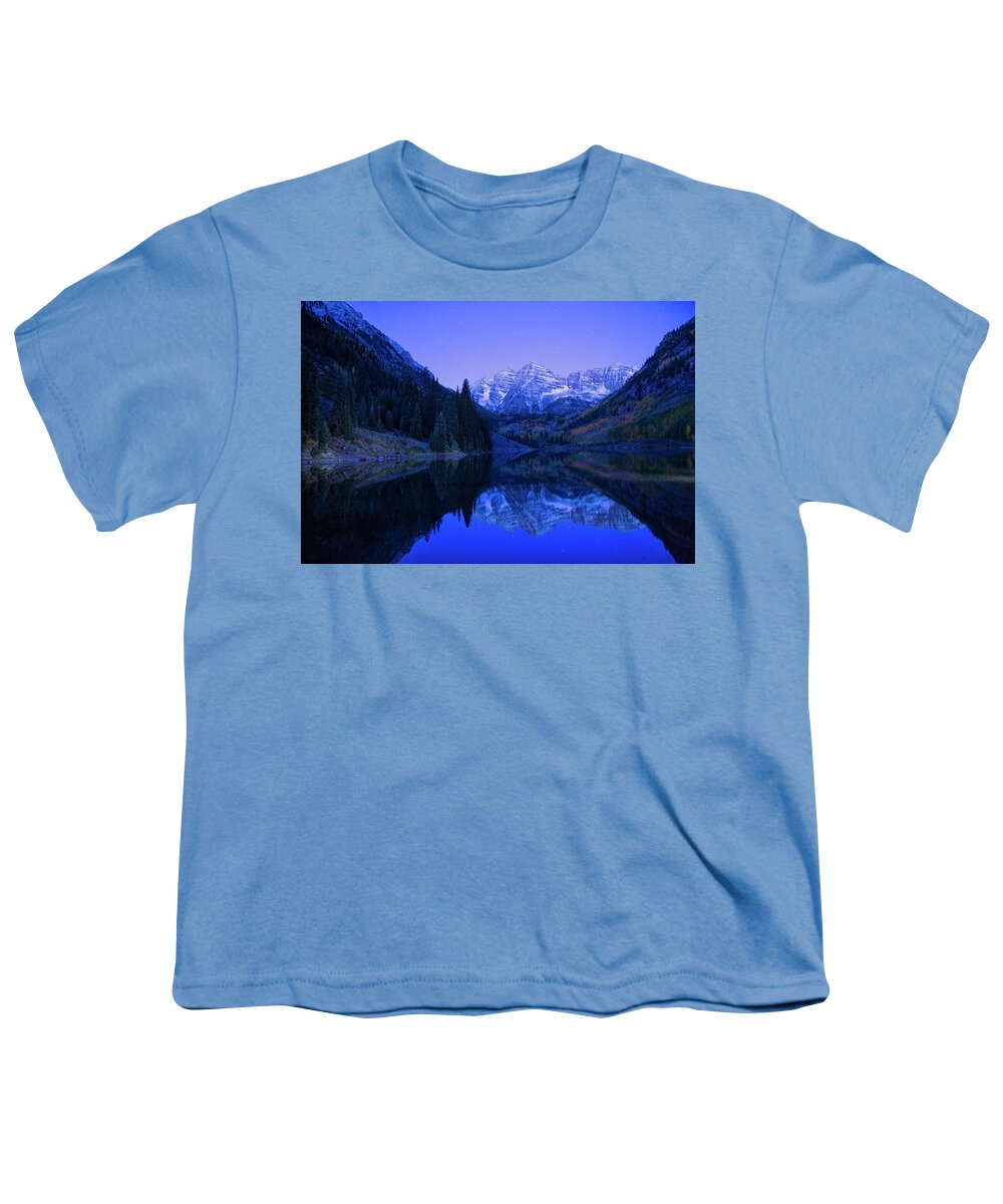 Blue Youth T-Shirt featuring the photograph Maroon Bells before sunrise by Nancy Dunivin