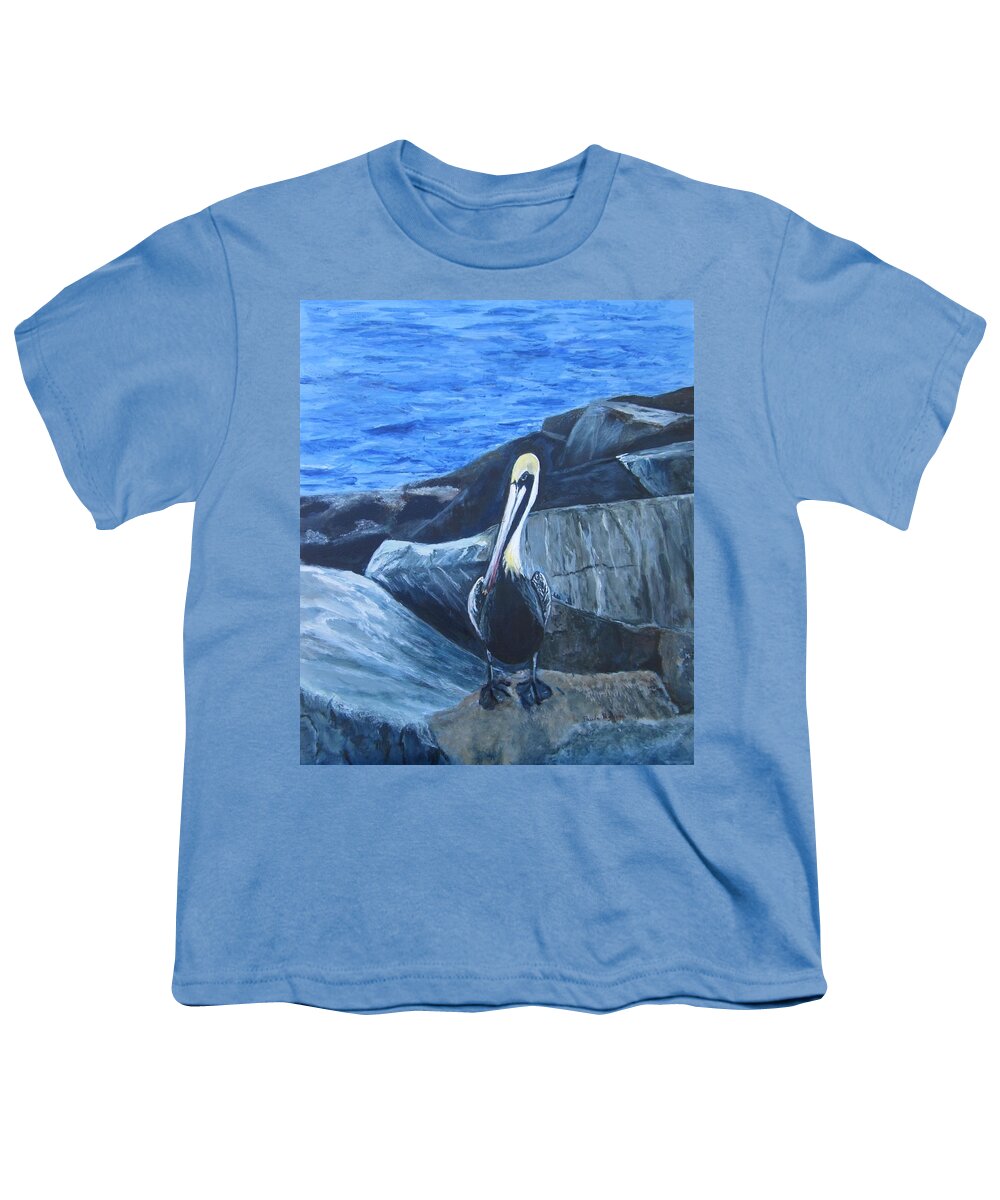 Pelican Youth T-Shirt featuring the painting Pelican On The Rocks by Paula Pagliughi