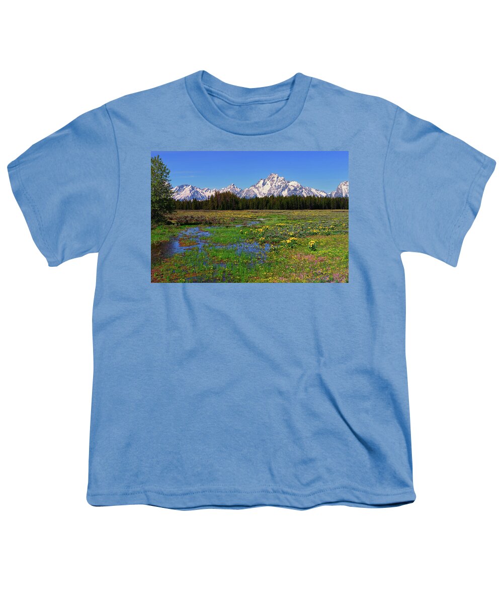 Grand Teton National Park Youth T-Shirt featuring the photograph Pilgrim Creek Spring Meadow by Greg Norrell