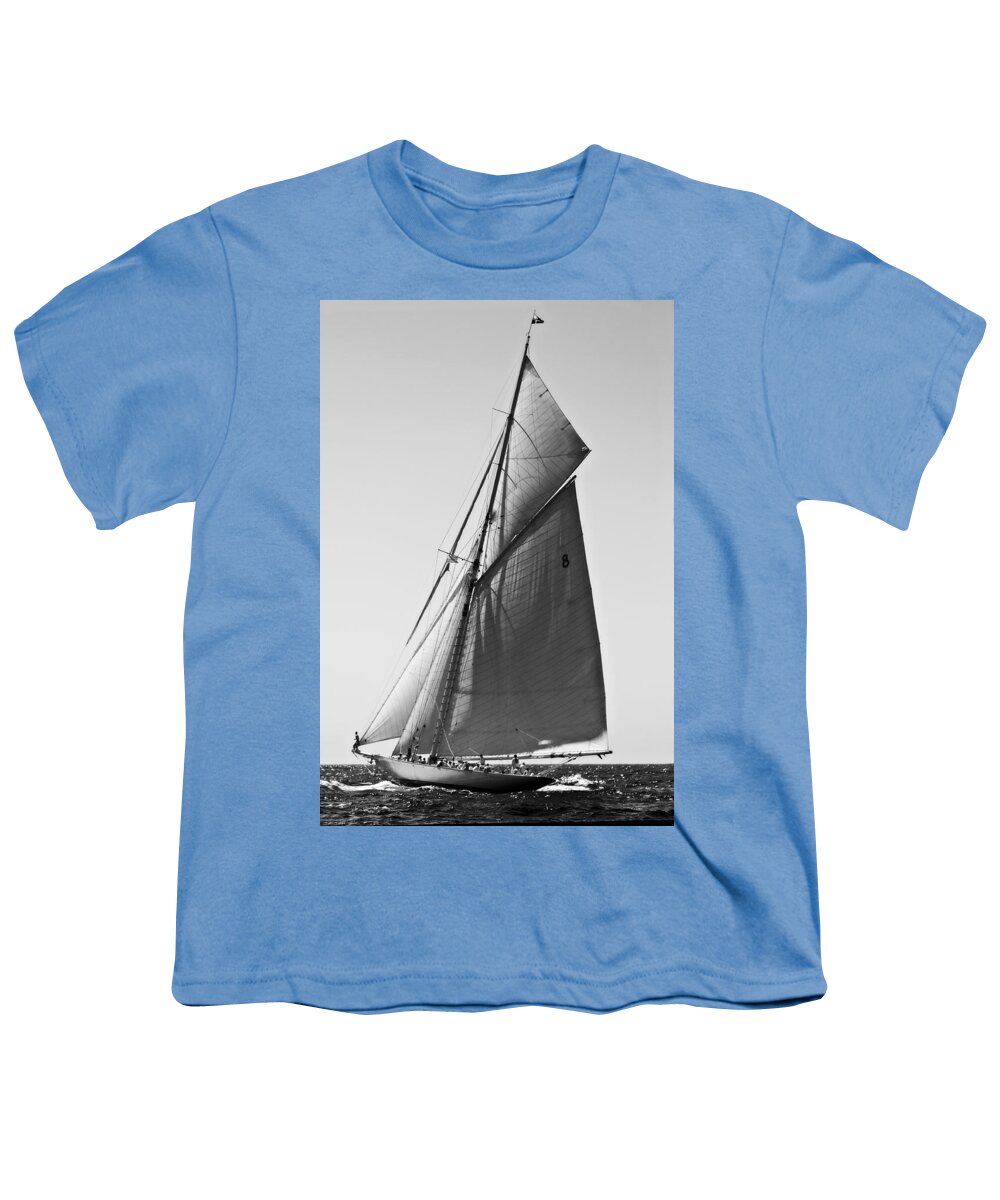 Black Youth T-Shirt featuring the photograph Sailrace in open sea - vintage vessel of one mast in Port Mahon water - pedro cardona by Pedro Cardona Llambias